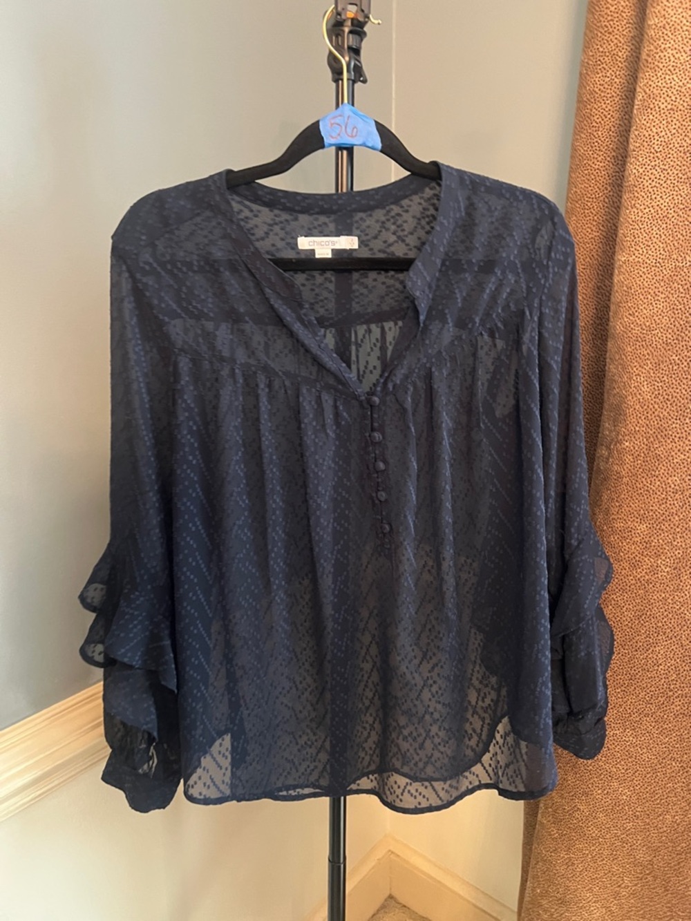 Chico's‎ Navy Sheer Textured Button-Front Blouse
